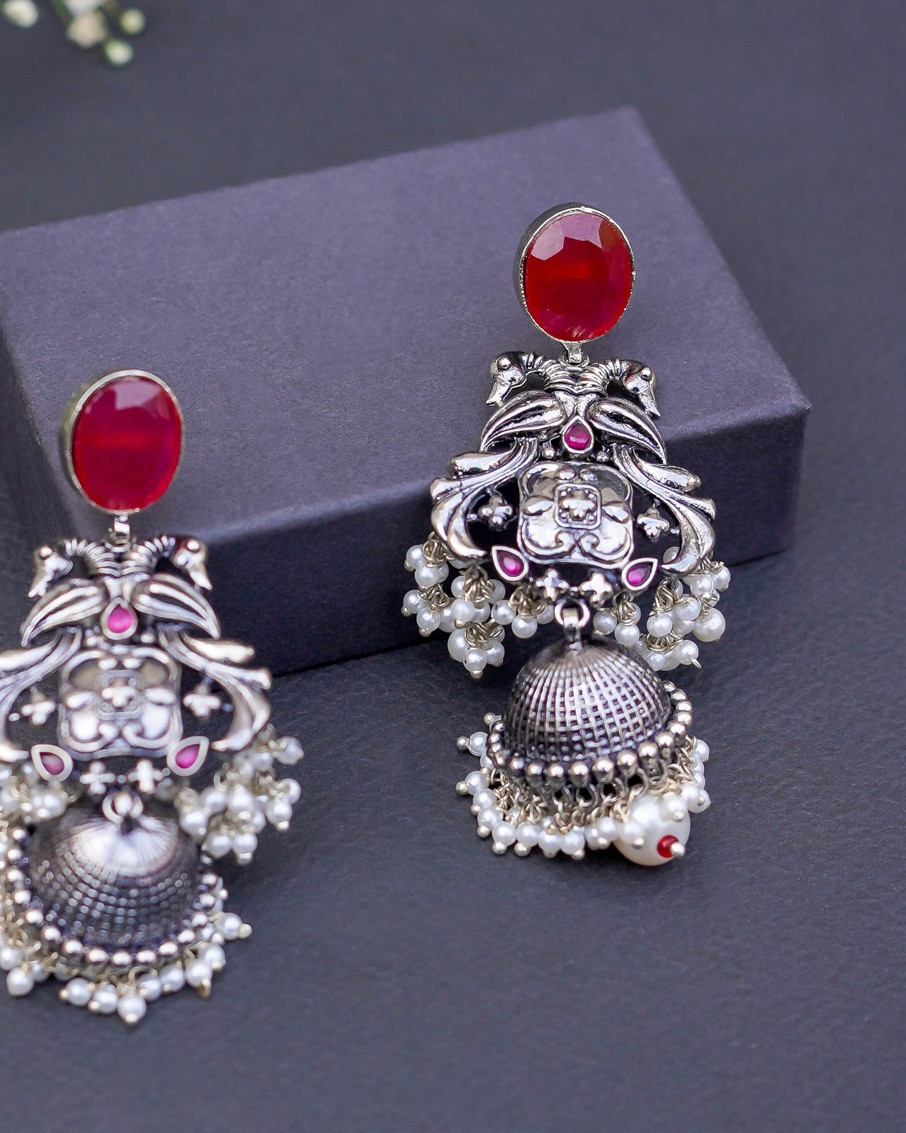 Silver Plated Handmade Indian Style Earrings with Stones and Pearls