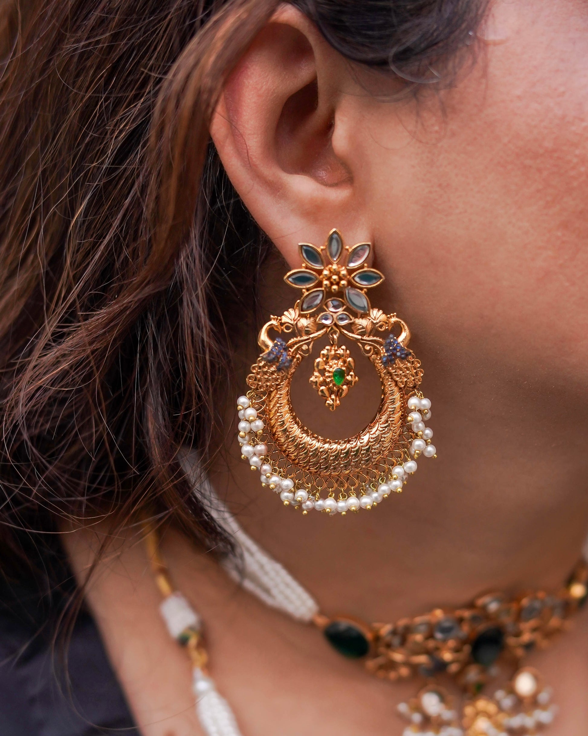 Handmade Gold Plated Kundan Earrings with Stones and Pearls