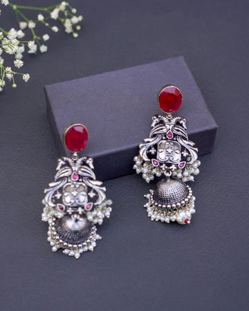 Silver Plated Handmade Indian Style Earrings with Stones and Pearls
